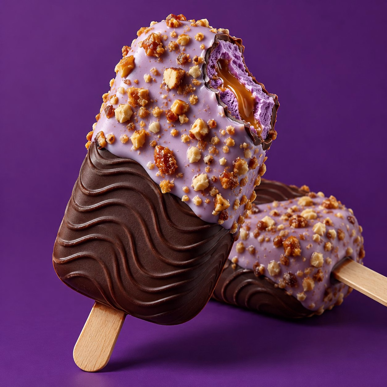 An ice cream bar dipped in dark chocolate and ube white chocolate with pili praline, one corner bitten