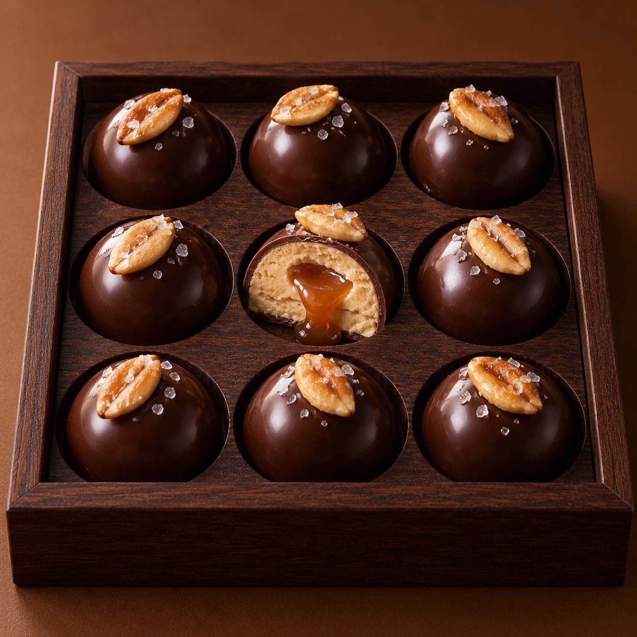 Dark chocolate ice cream bonbons topped with pili nuts in a timber box, one cut to show a miso caramel core