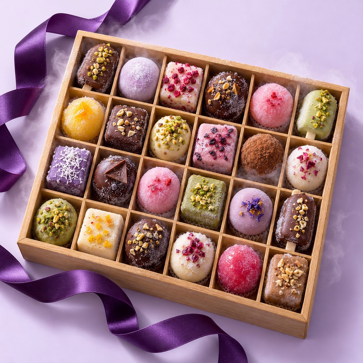 A timber box of twenty-four small frozen confections