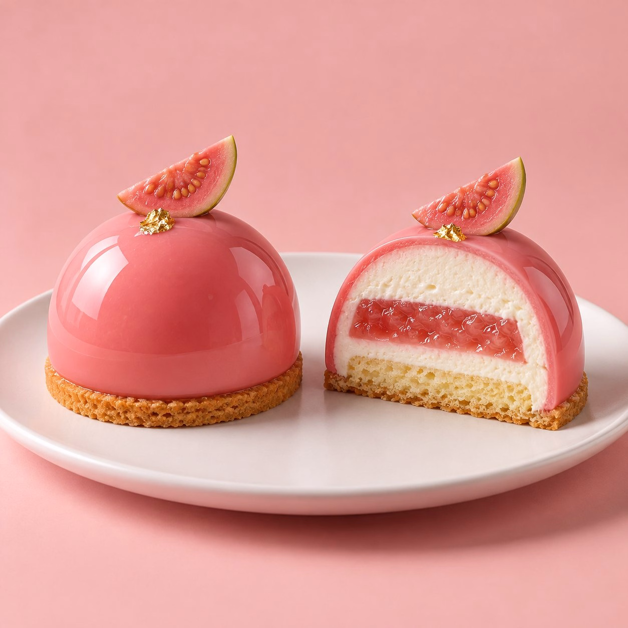 A small guava-glazed frozen cake on a sablé base, with a second one cut to show its layers