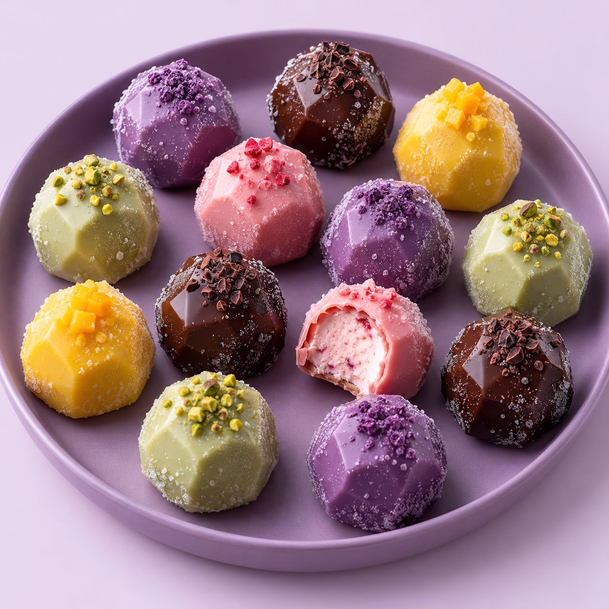 Chocolate-coated ice cream gems in five colours, one bitten to show the ice cream centre