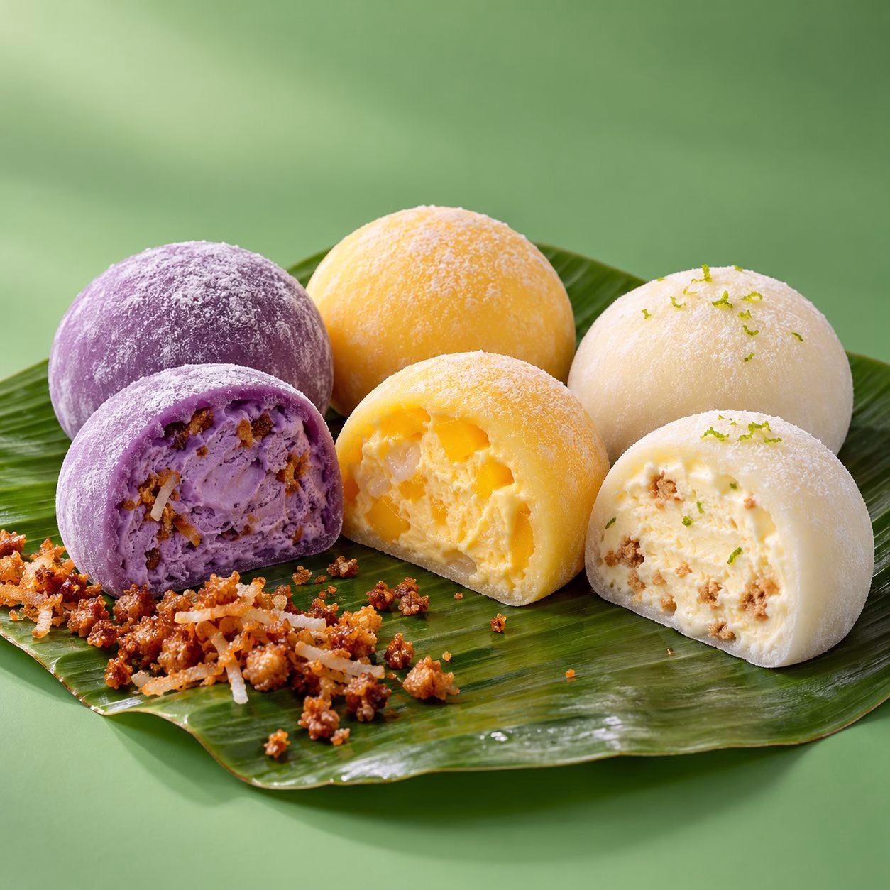 Ube, mango and calamansi mochi ice cream rounds on a banana leaf with latik