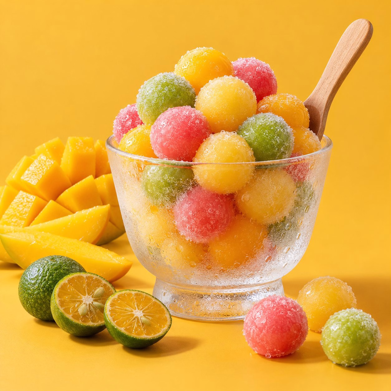 Small frozen sorbet pearls in mango, calamansi, watermelon and pineapple in a frosted cup