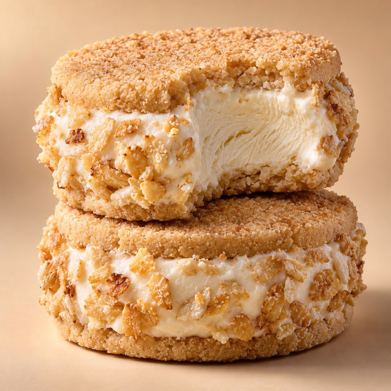 Carabao milk ice cream between two polvoron cookies, edges rolled in pinipig