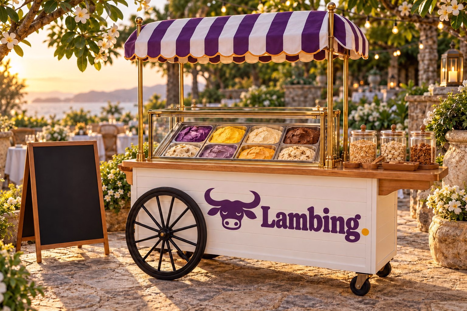 The Lambing cart with a striped ube awning, a glass dipping cabinet and a toppings shelf, set up in a garden courtyard
