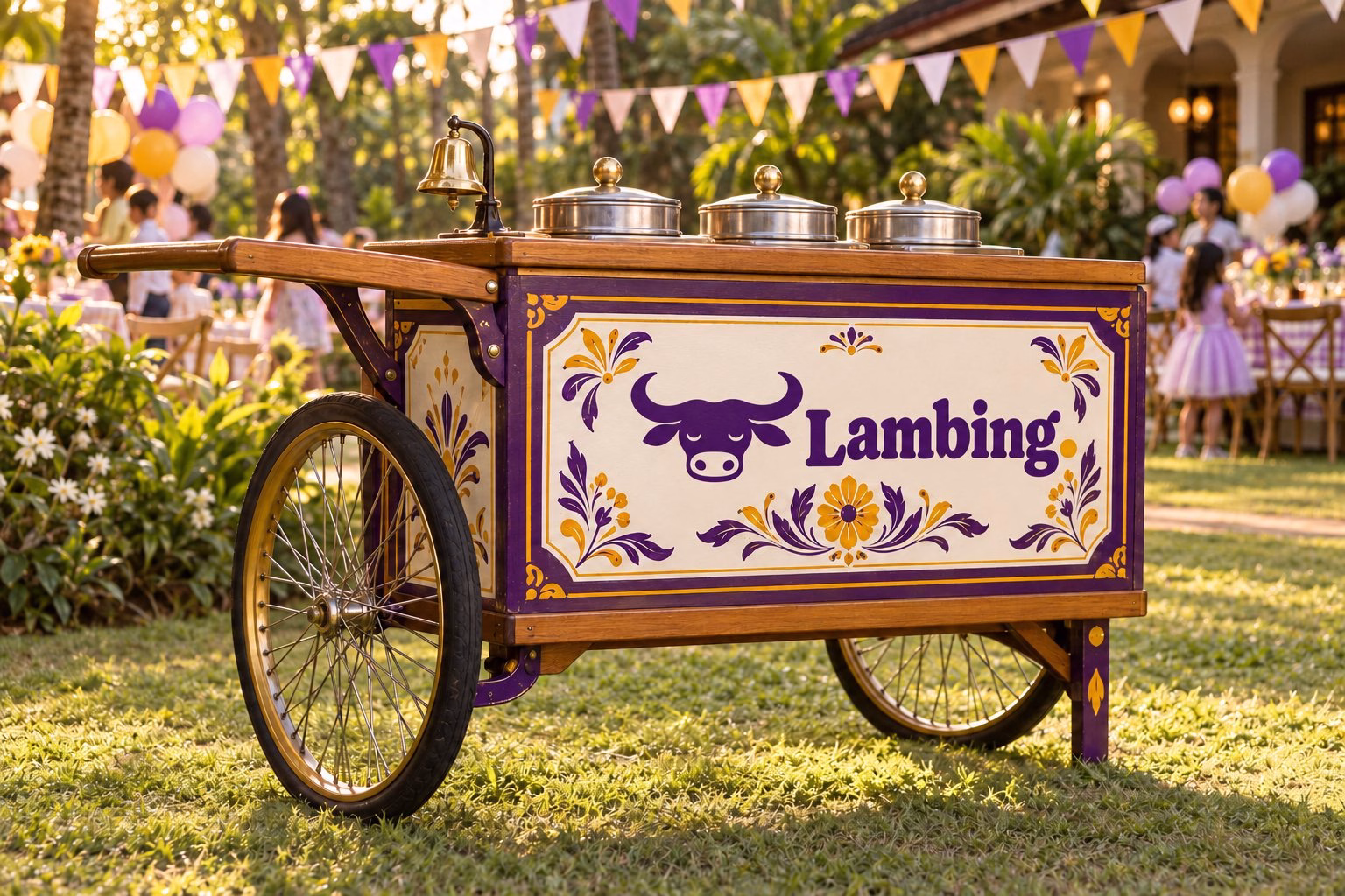 A hand-painted ube and white sorbetes pushcart with three brass-topped canisters at a children's party