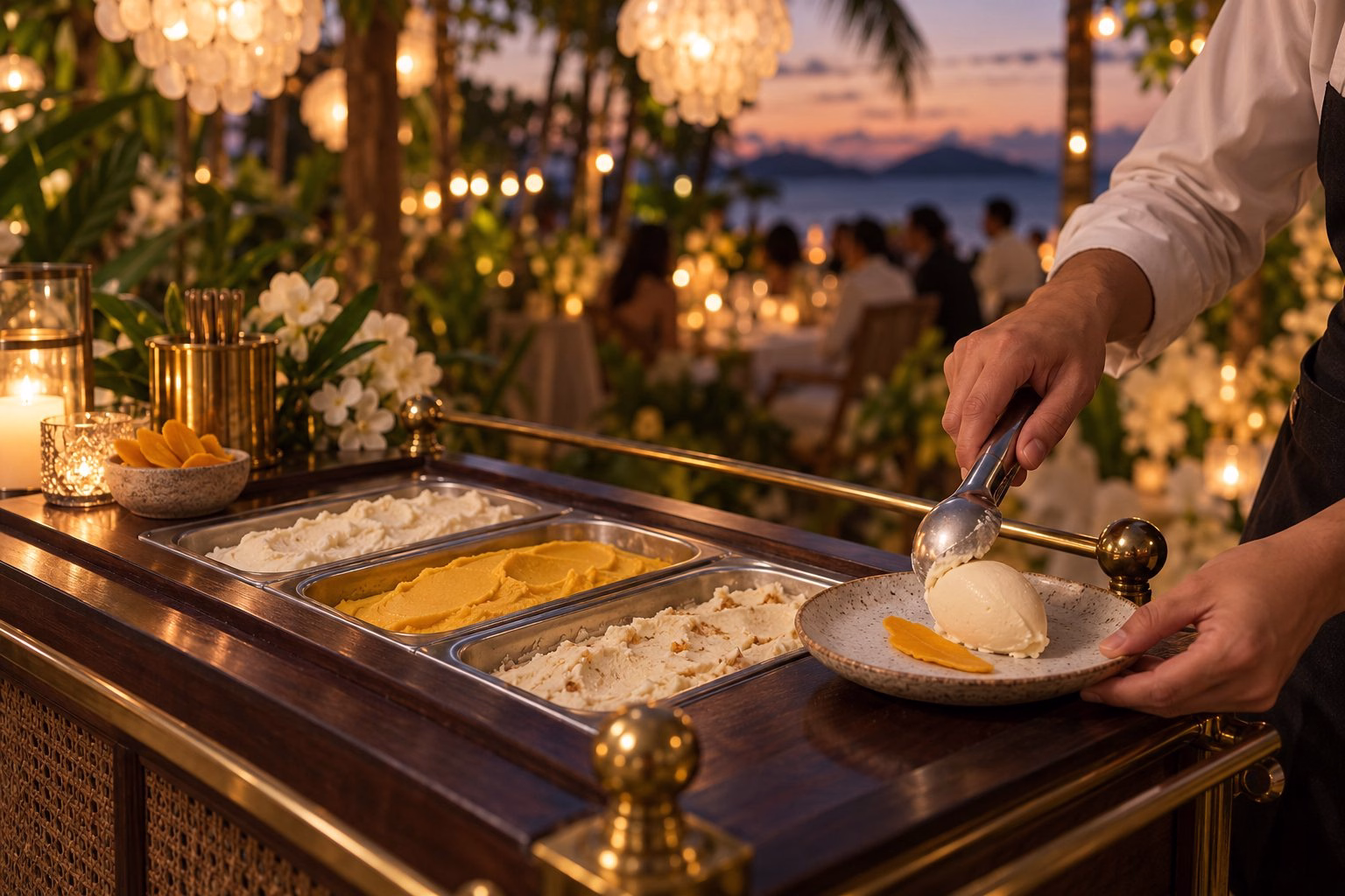 Ice cream plated from the Lambing cart at an evening garden wedding
