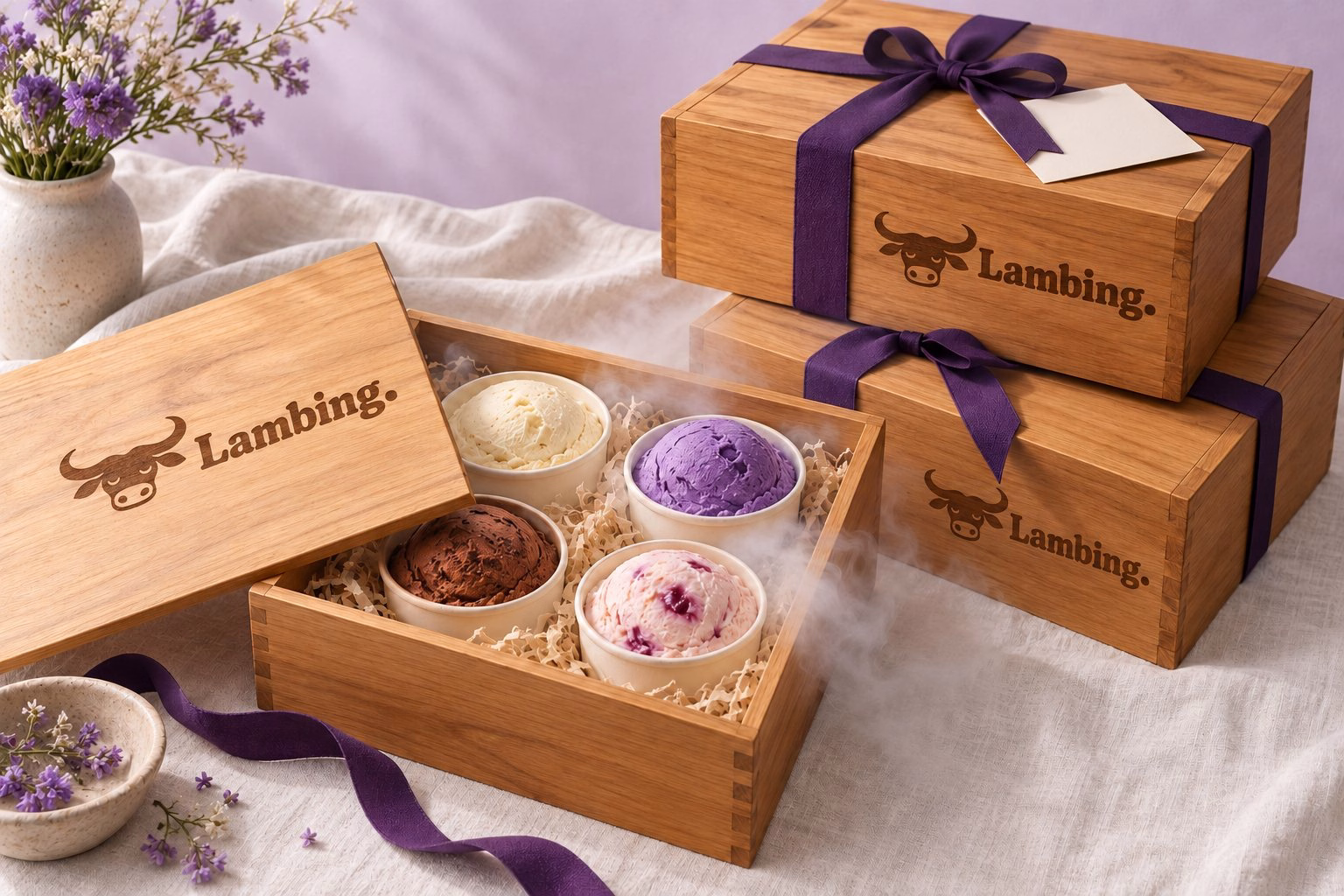 A stack of timber gift boxes tied with ube ribbon, one open with pints in dry ice