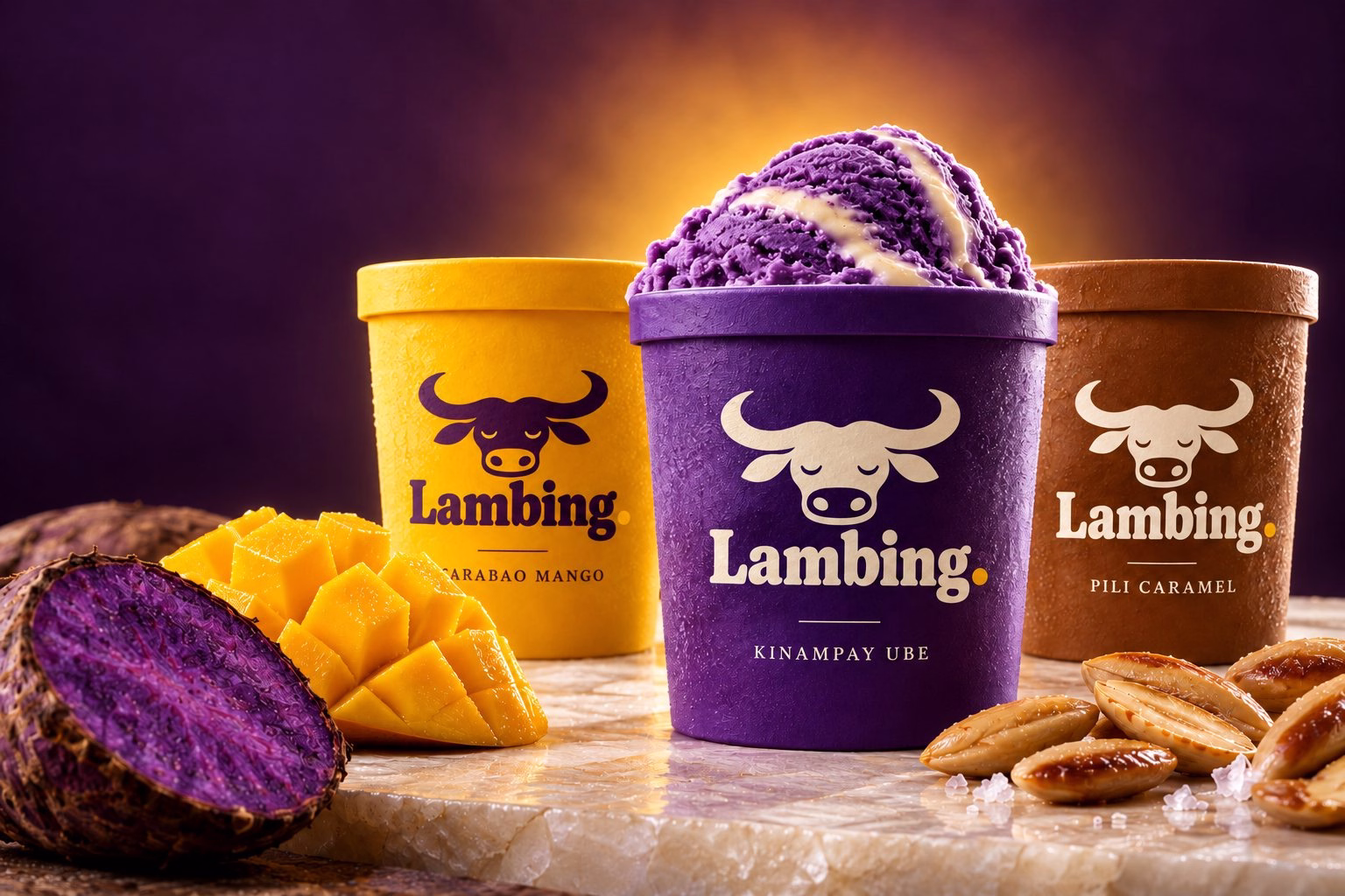 Kinampay ube, carabao mango and pili caramel pints on capiz stone with ube, mango and pili