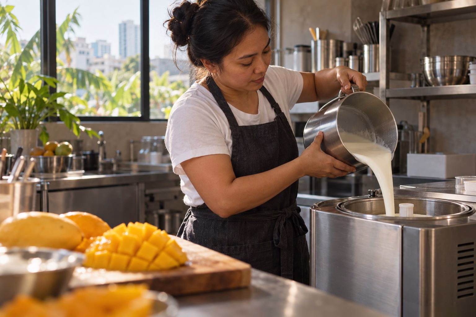 Isabel pouring fresh carabao milk into the churner