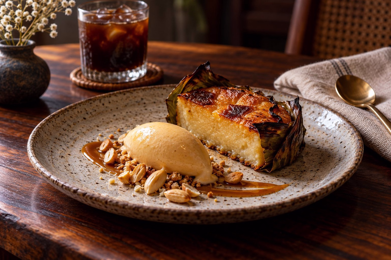 A quenelle of pili caramel ice cream beside warm bibingka on a stoneware plate